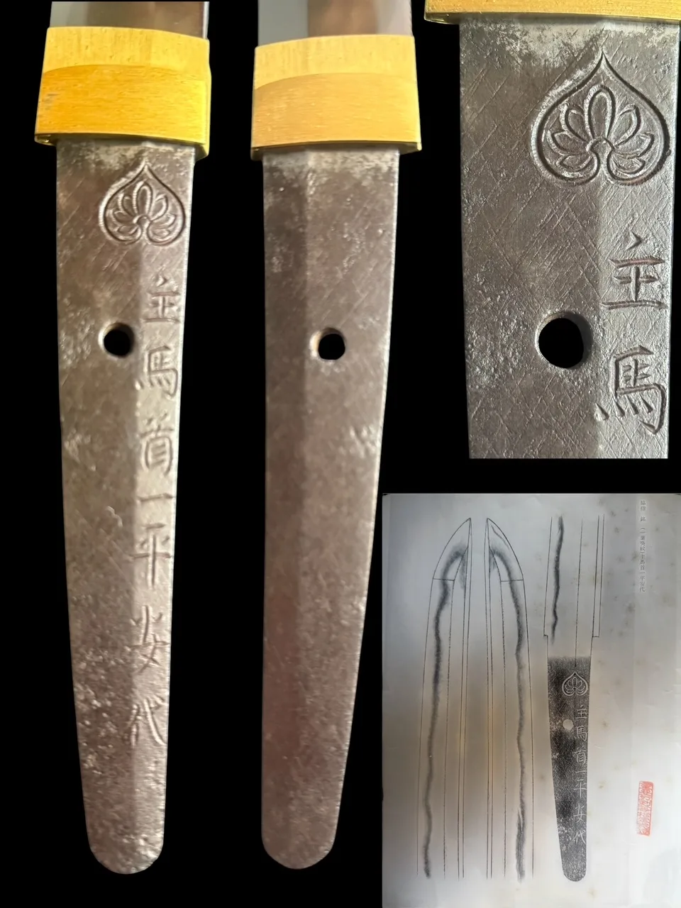 Close-up of Jūyō Tōken Wakizashi by Shume no Kami Ippei Yasuyo tang, showing Tokugawa Aoi Crest and Mei
