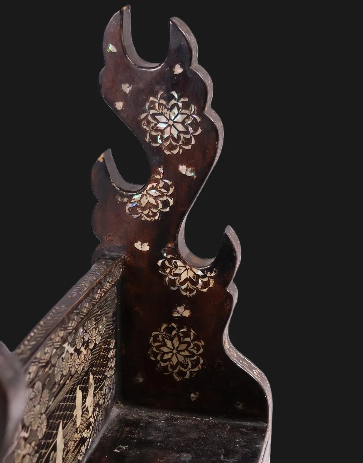 Close-up, elegant Antique Japanese Silver Kake Three Sword Katana Kake with mother-of-pearl inlay, Accessories from Meiji era