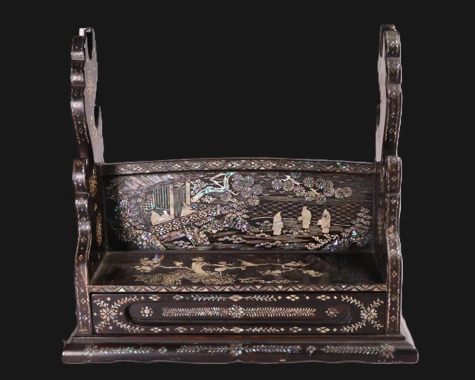 Antique Japanese Silver Kake Three Sword Katana Kake with Drawer, exquisite raden artistry, front view.