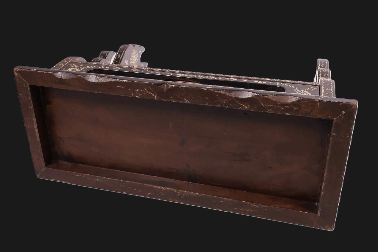 Bottom view of an Antique Japanese Silver Kake Three Sword Katana Kake with Drawer, a unique accessory.