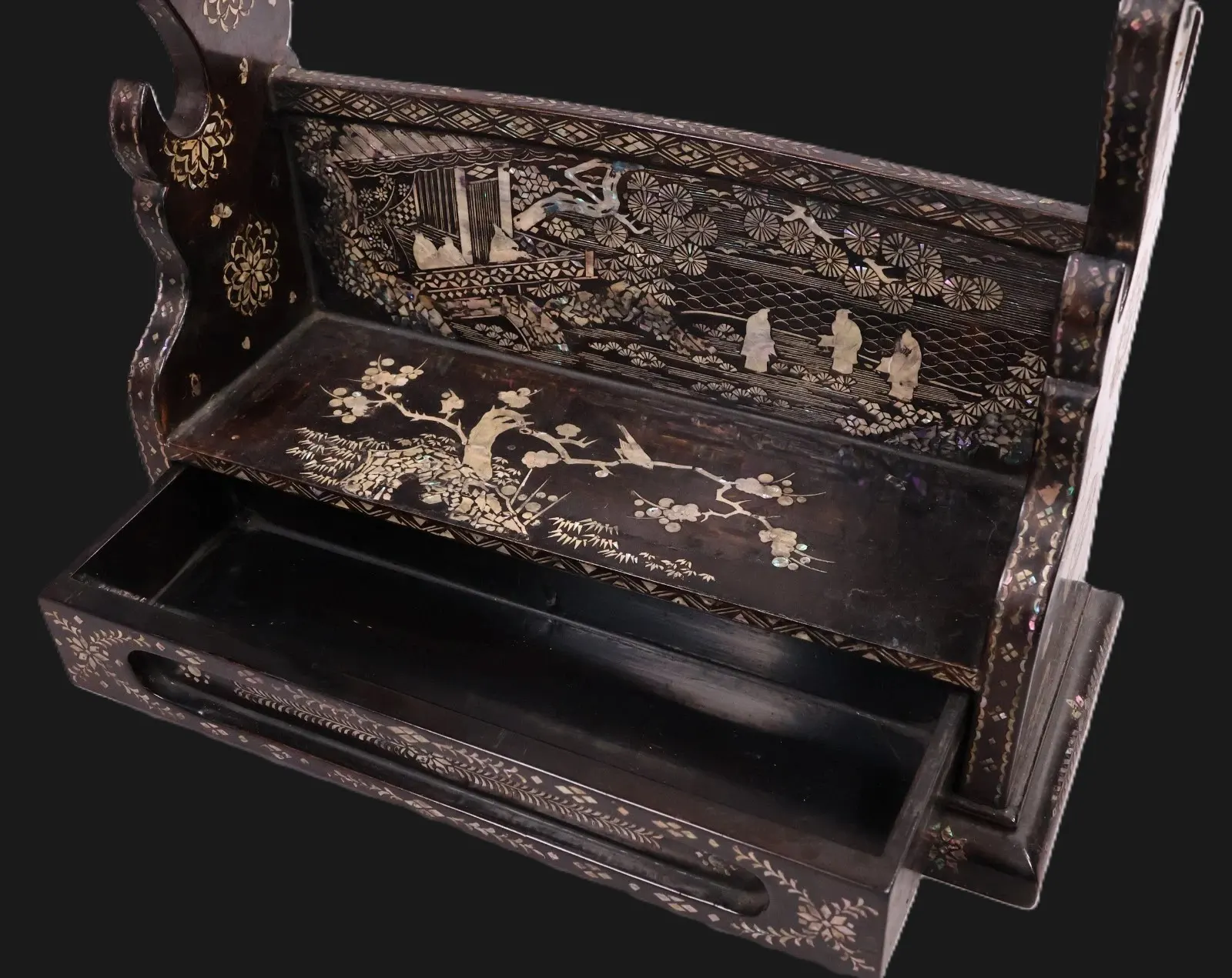 Angled view of an Antique Japanese Silver Kake Three Sword Katana Kake with drawer, intricate raden inlay Accessories
