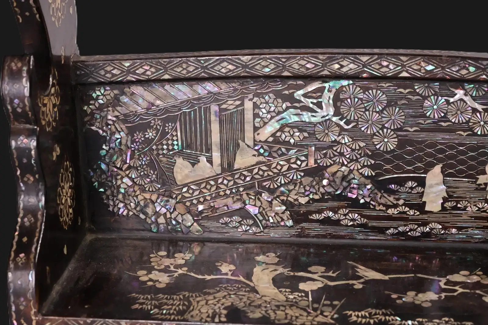 Antique Japanese Silver Katana Kake Accessories, close-up raden detail, intricate mother-of-pearl scenery and figures.