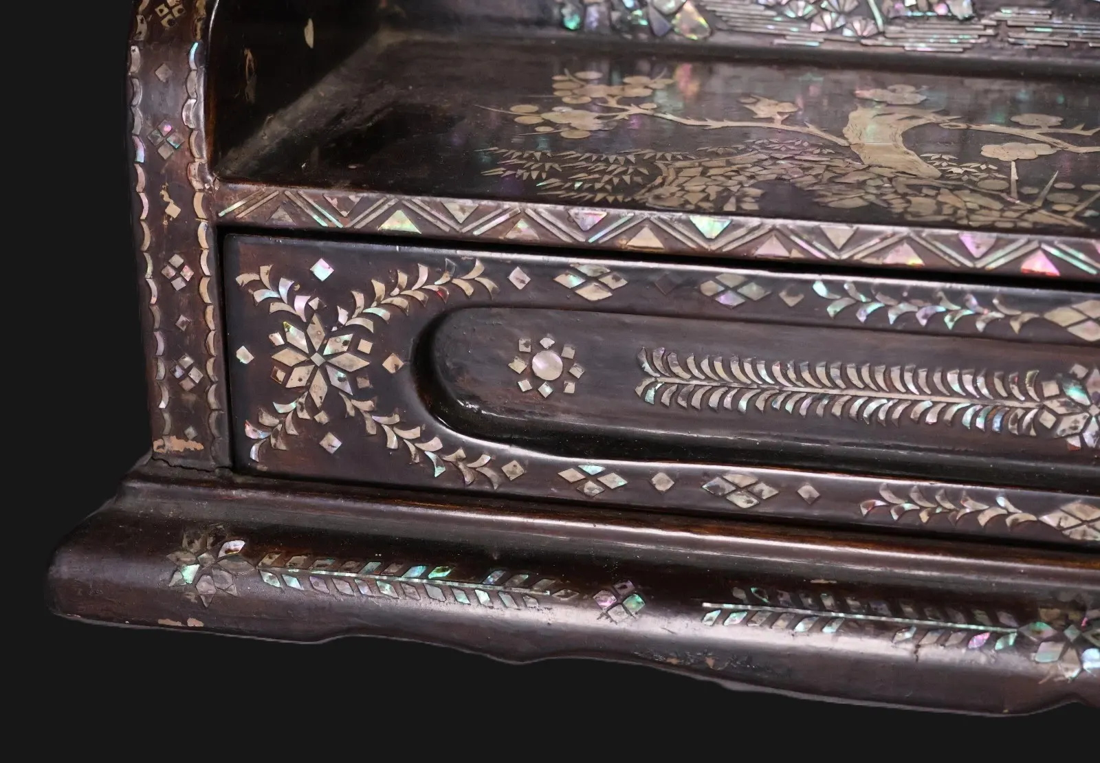 Close-up, antique Japanese Silver Kake Katana Kake Accessories with drawer, intricate raden inlay detail from Meiji Period