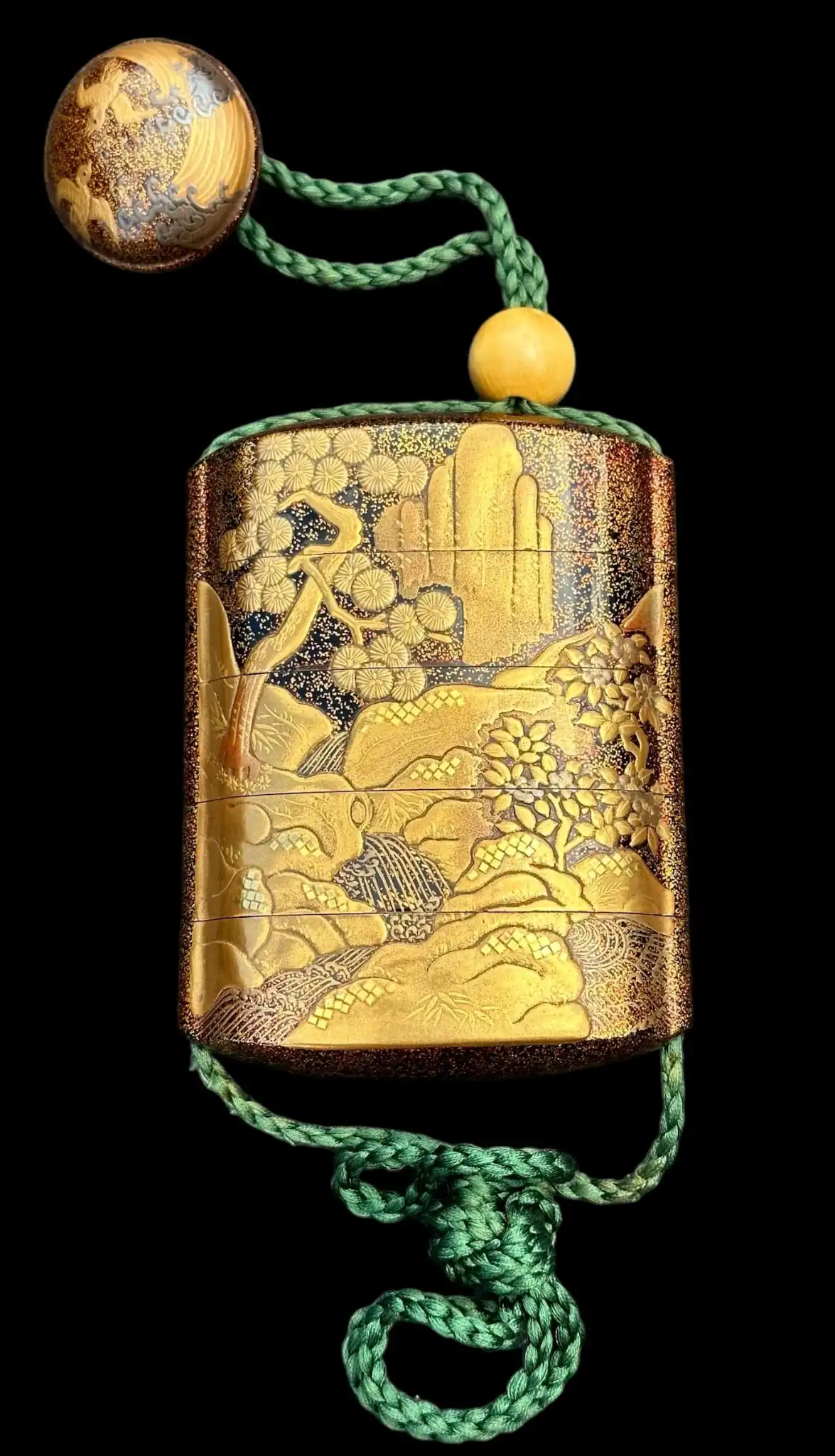 Antique Inro 1840 Makie accessory with golden Wajima lacquer artistry and intricate landscape painting