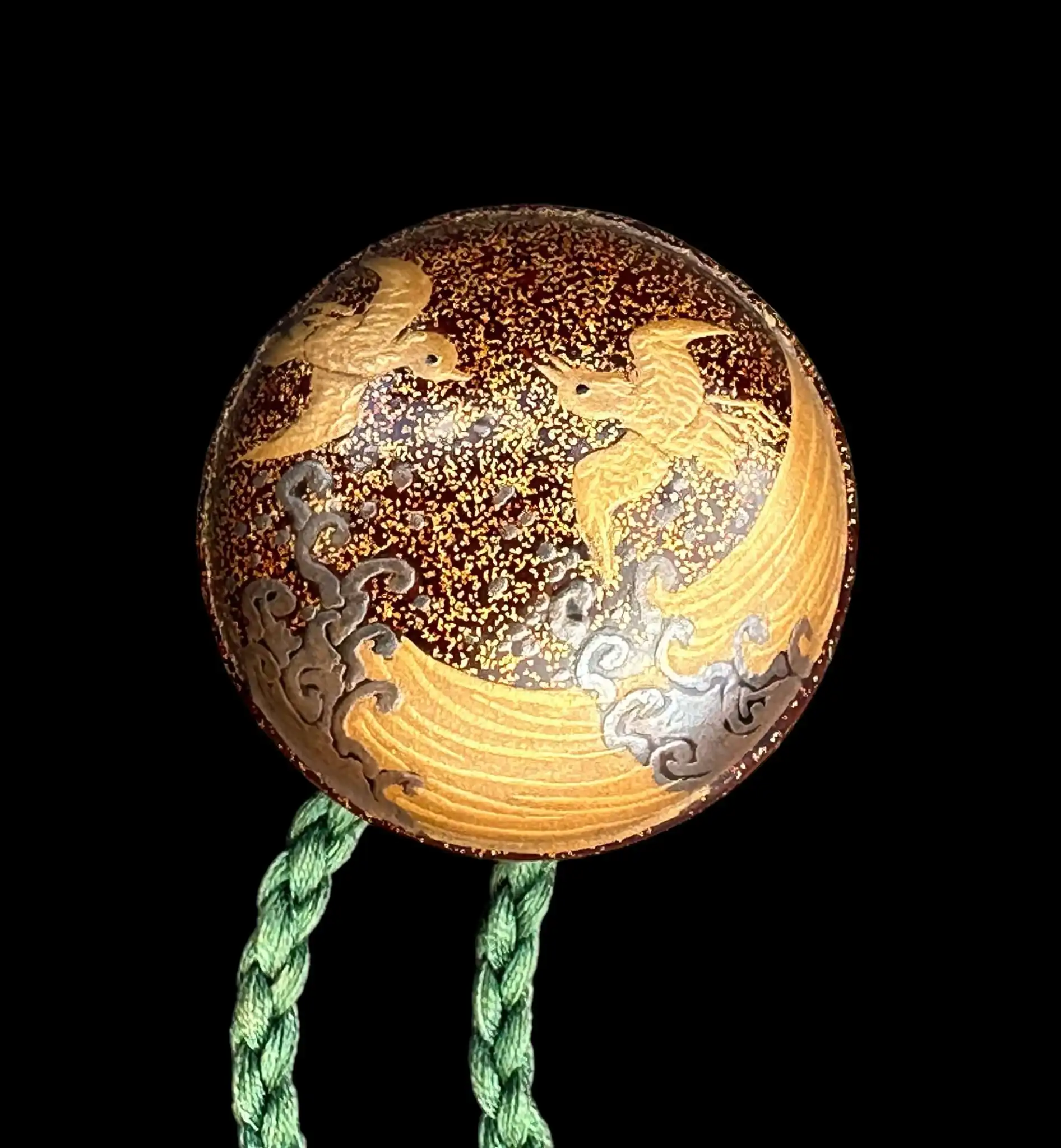 Antique Inro 1840 Makie accessory with cranes and waves against Wajima lacquer gold dust, tied with a green cord