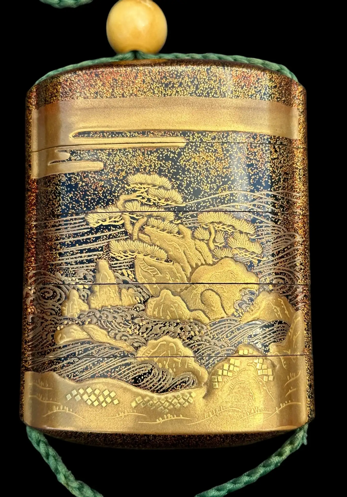 Antique Inro 1840 Makie accessory with detailed gold Wajima lacquer scene of mountains and water