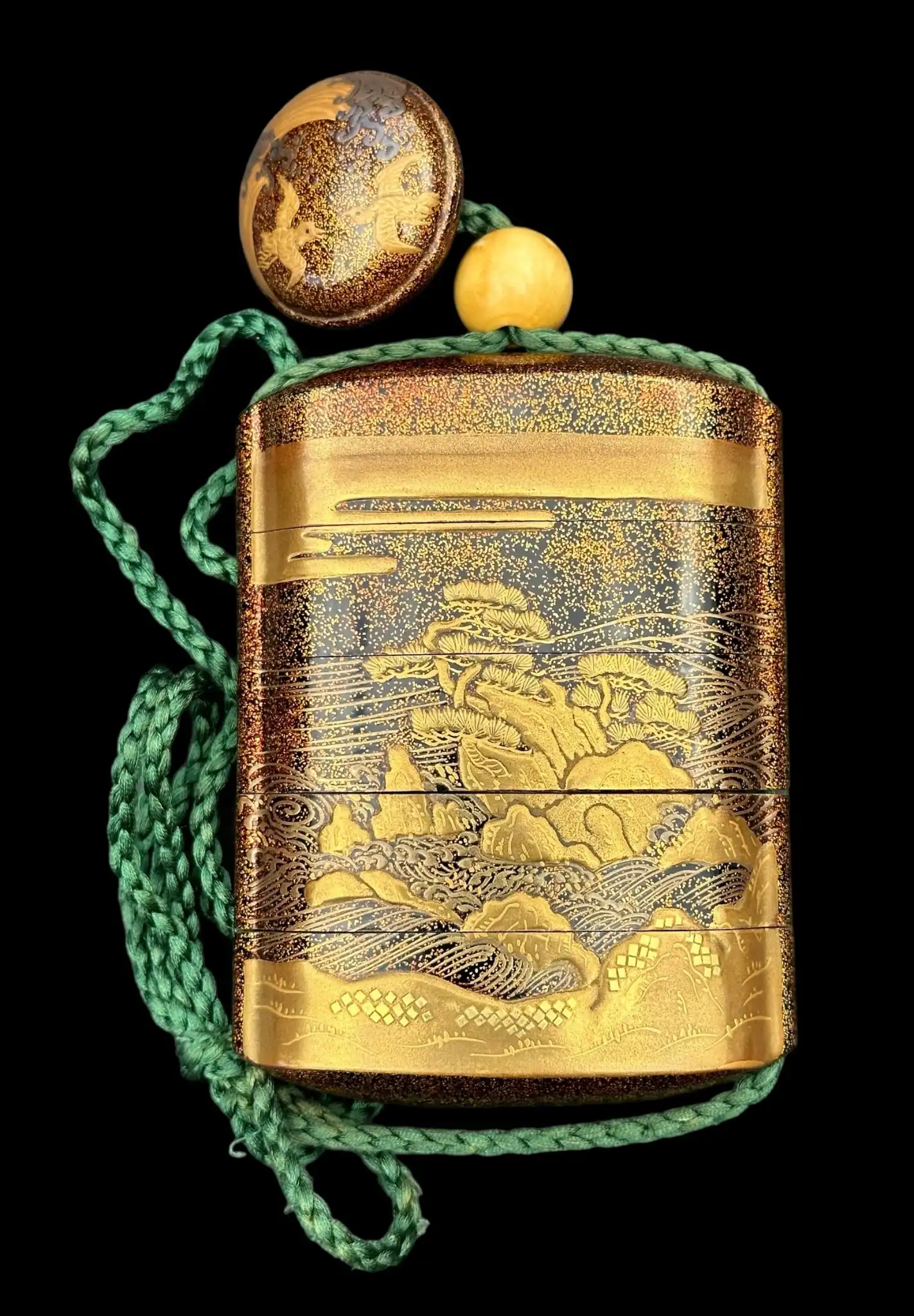 Golden Antique Inro 1840 Makie accessory with Wajima lacquer and landscape painting, green cord.