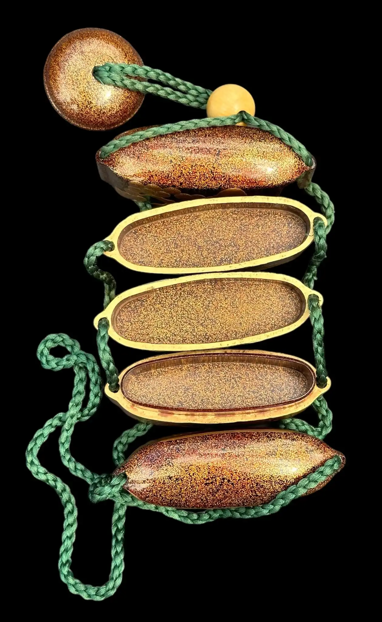 Kyodai Originals Antique Inro 1840 Makie accessories, five ornate gold-brown lacquer compartments and green cord