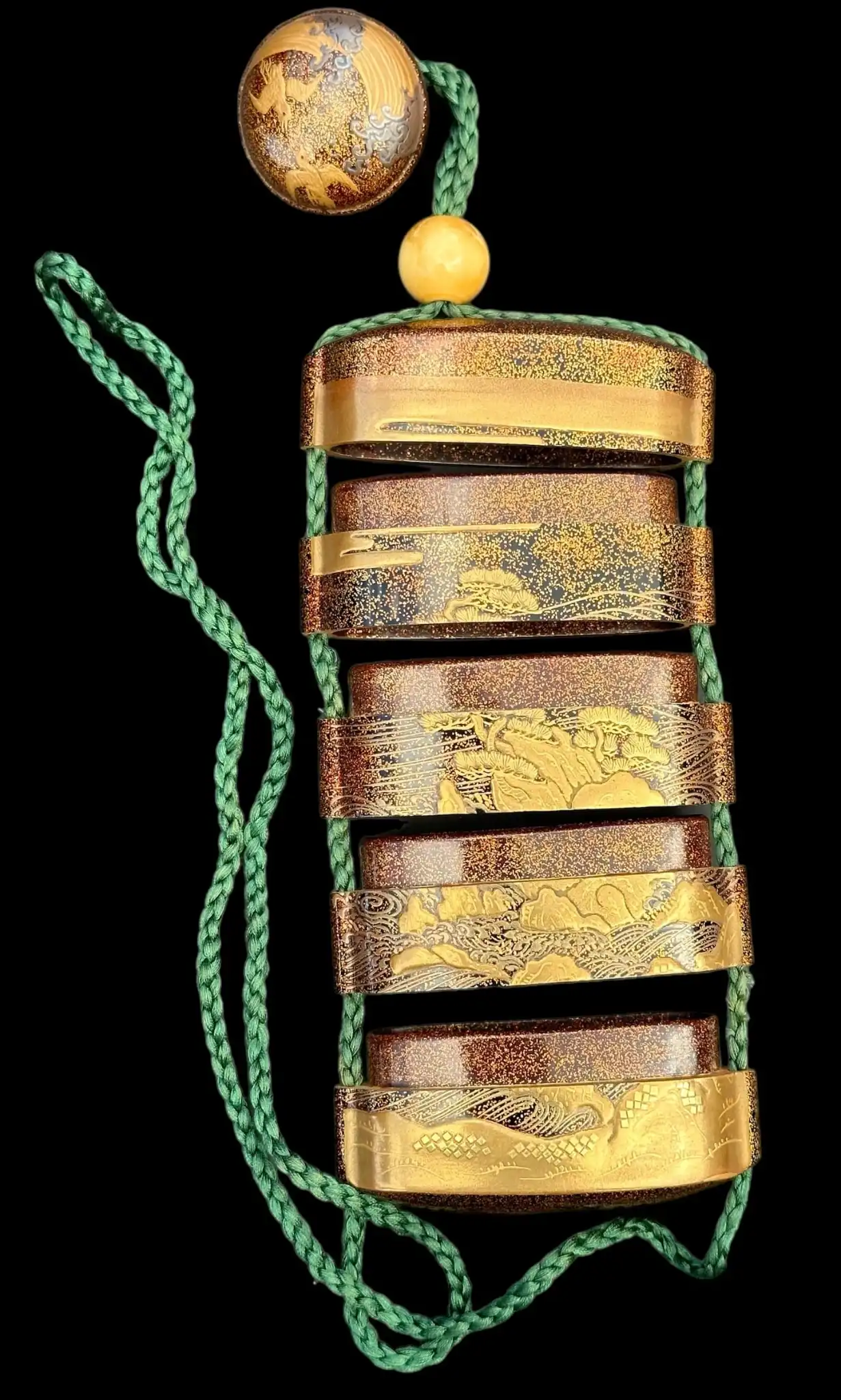 Antique Inro 1840 Makie accessory, a layered lacquer box with intricate gold and silver landscape painting