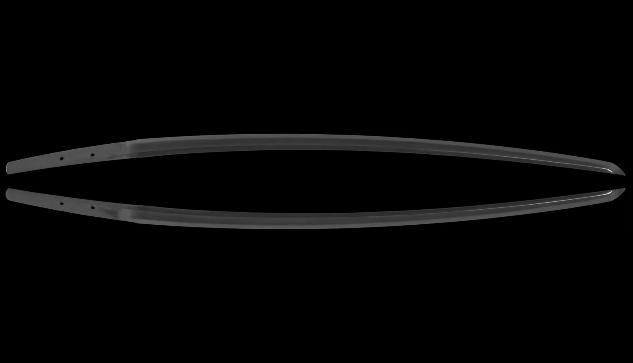 Kamakura Katana sword by Rai Kunizane, two curved blades with tangs visible, on a dark background