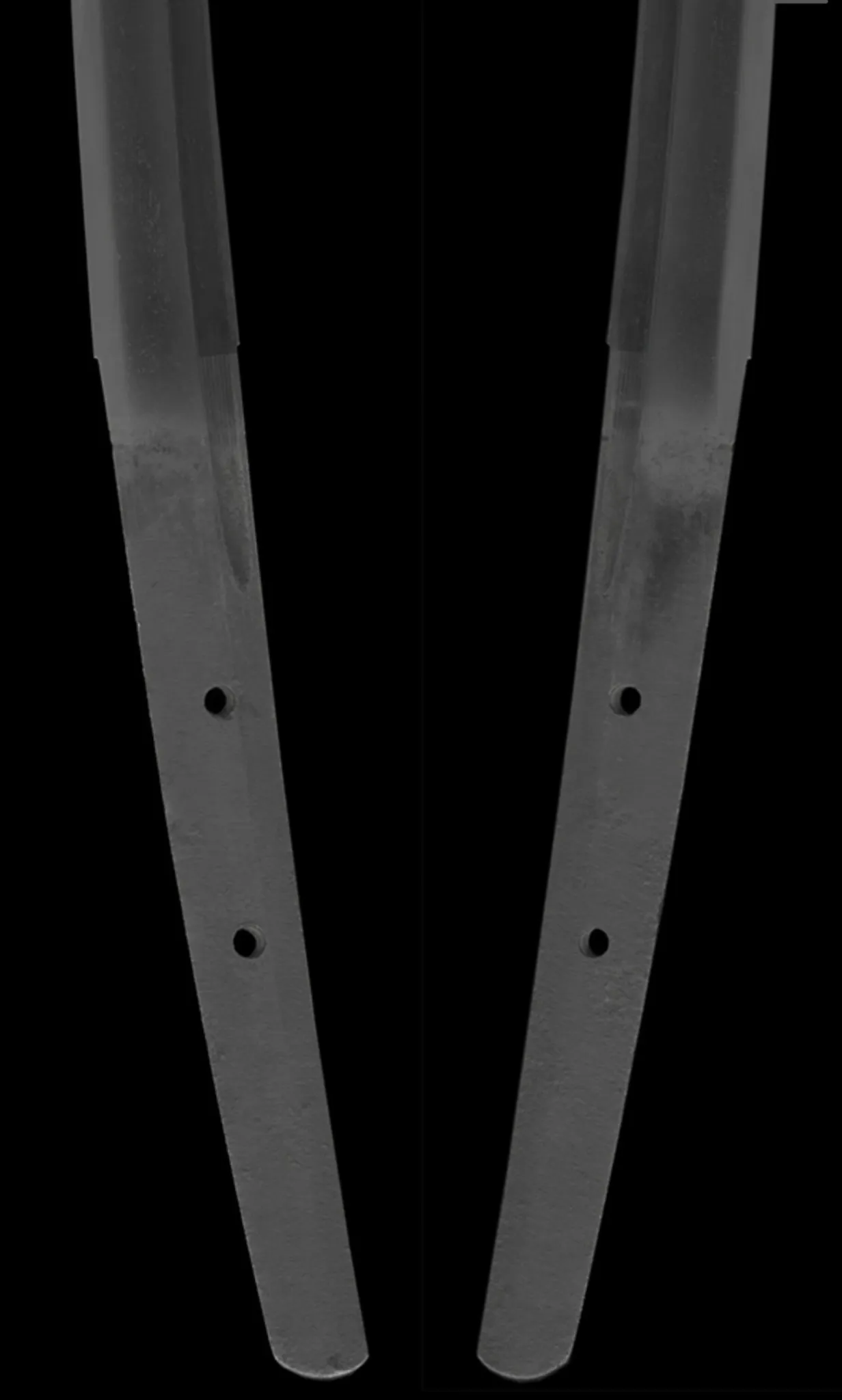 Close-up of the Nakago (tang) of a Kamakura Katana sword attributed to Rai Kunizane, showing two mekugi-ana