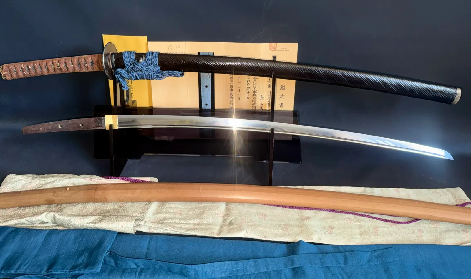 Kamakura Katana Sword Rai Kunizane Tokubetsu Hozon, a Japanese katana with black saya and documents