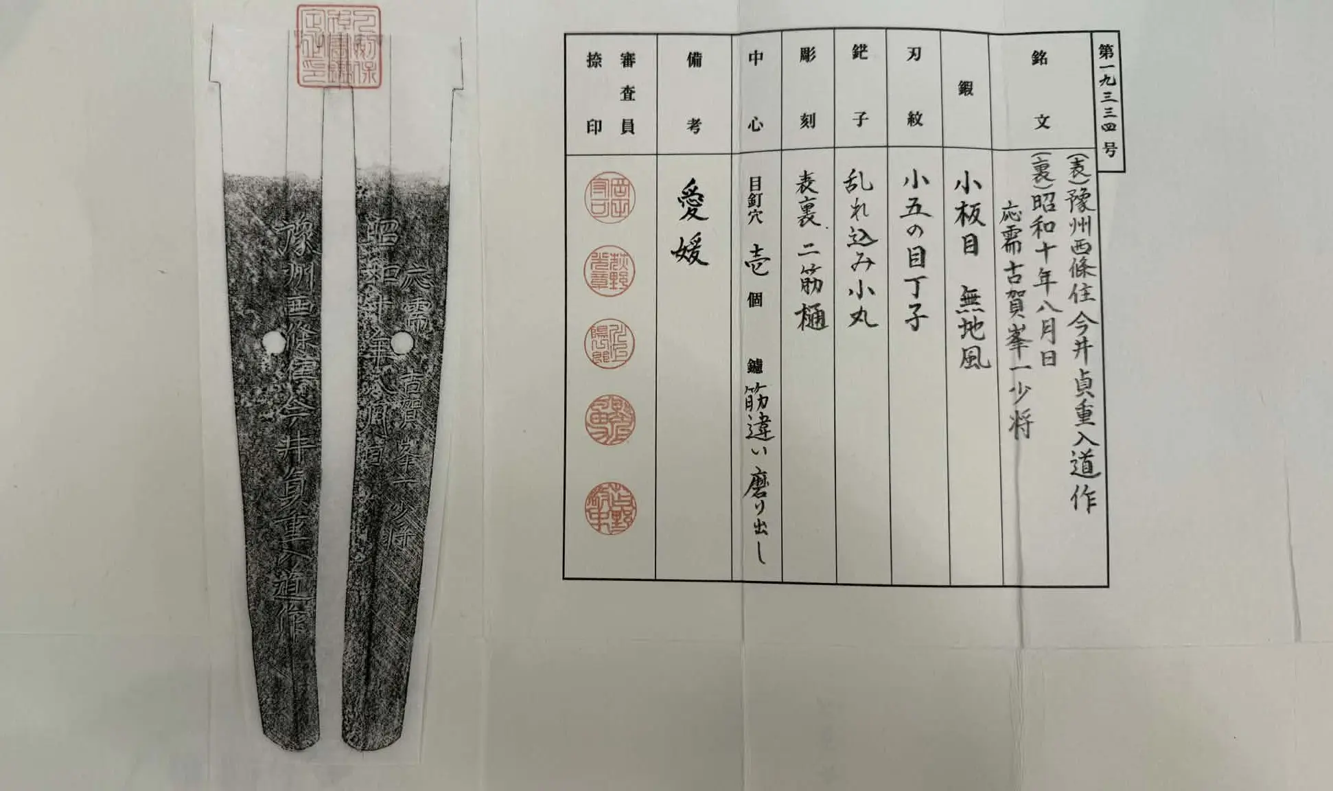 Naval Commissioned Gendaitō katana details document, showing inscription, forging techniques, and red stamps