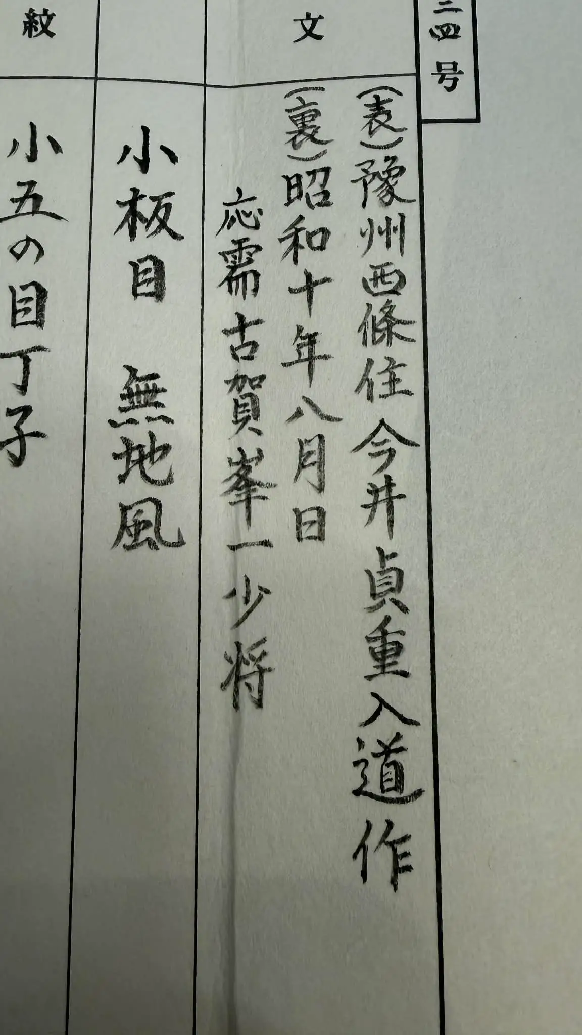 Close-up of Japanese calligraphy writing, detailing the 1935 Naval Commissioned Gendaitō katana by Sadashige Gassan