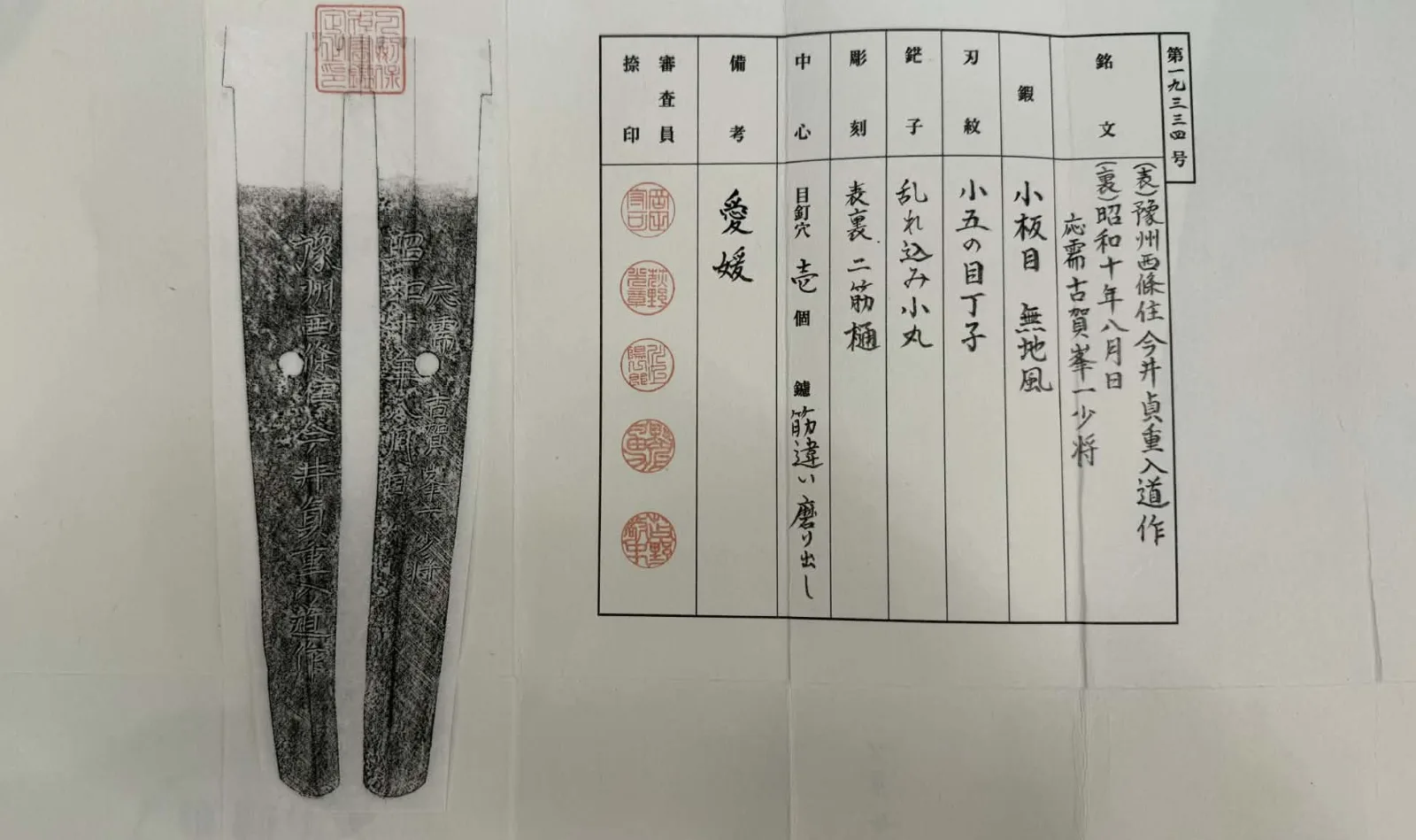 Top-down view of a sword appraisal document for a Naval Commissioned Gendaitō katana, showing inscriptions and seals