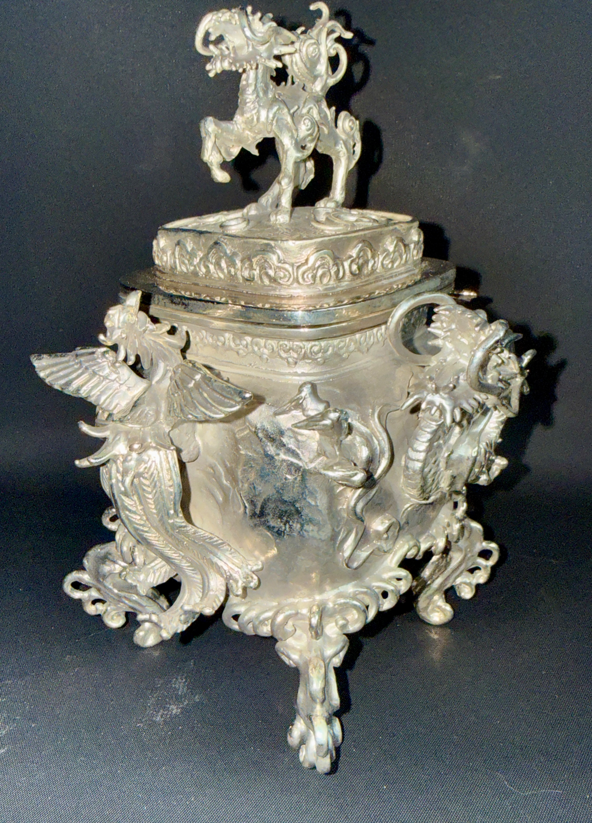 Takaoka Bronze Kōro ACCESSORIES: ornate silver incense burner with mythical beasts, a standing kirin on top