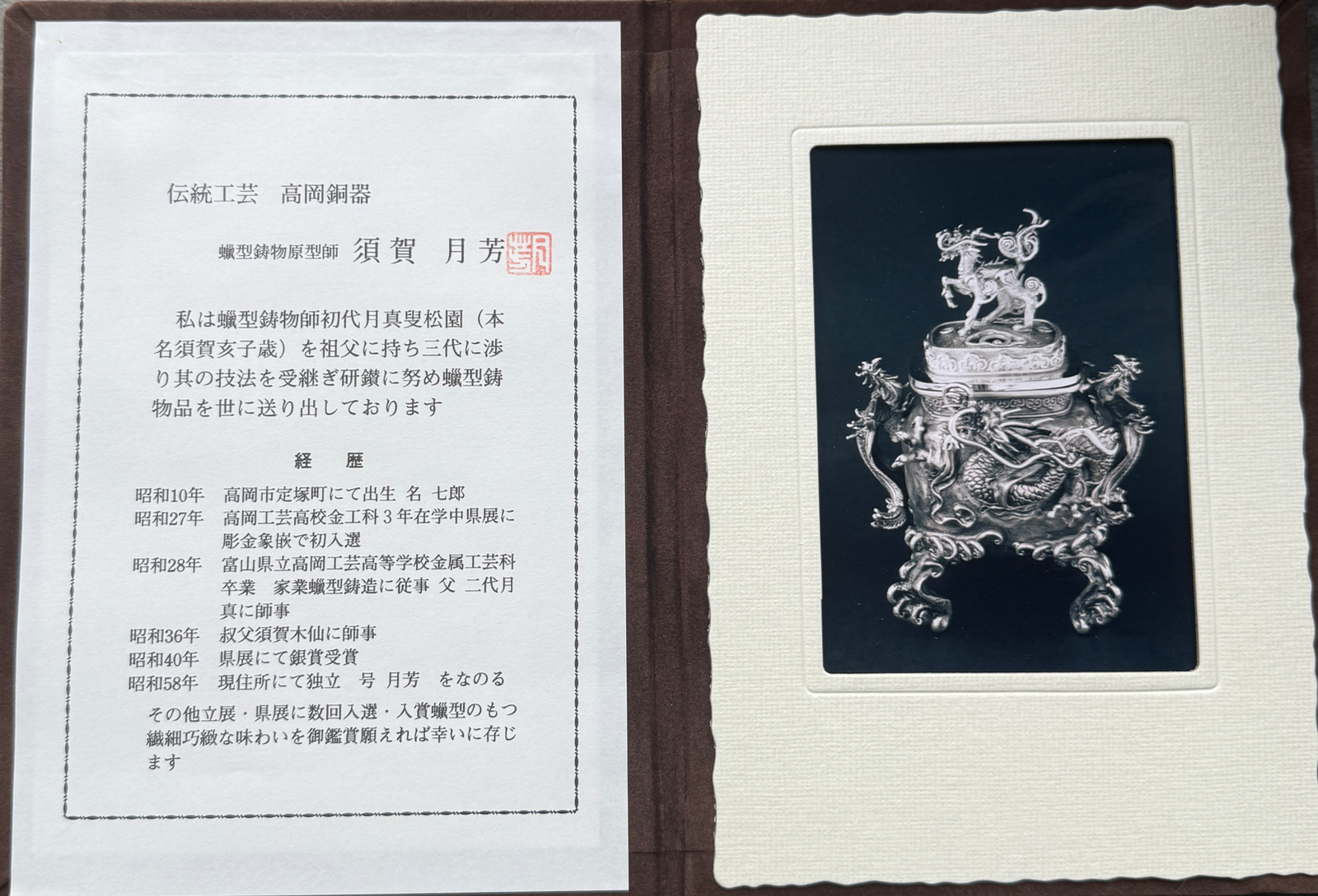 Detailed, ornate Takaoka Bronze Kōro ACCESSORIES, presented in a frame next to Japanese text