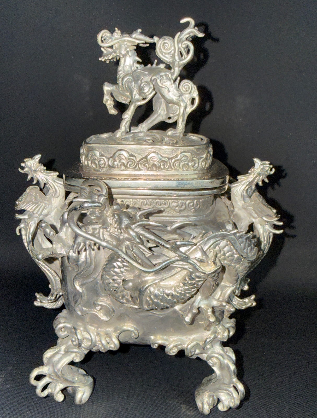 Silver Takaoka Bronze Kōro ACCESSORY, intricate dragon and phoenix relief, mythical horse finial, front view