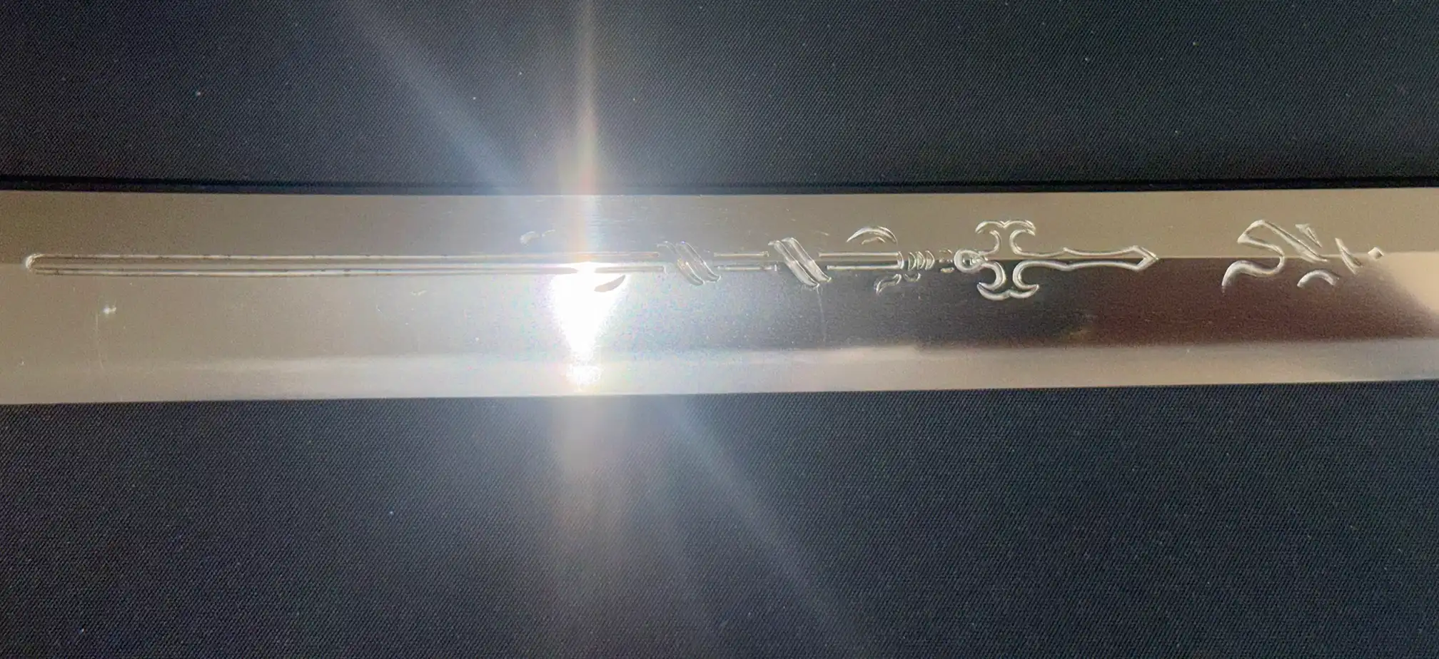 Detailed horimono on Gassan Sadakazu katana blade, Tokubetsu Hozon documented Japanese Masterpice