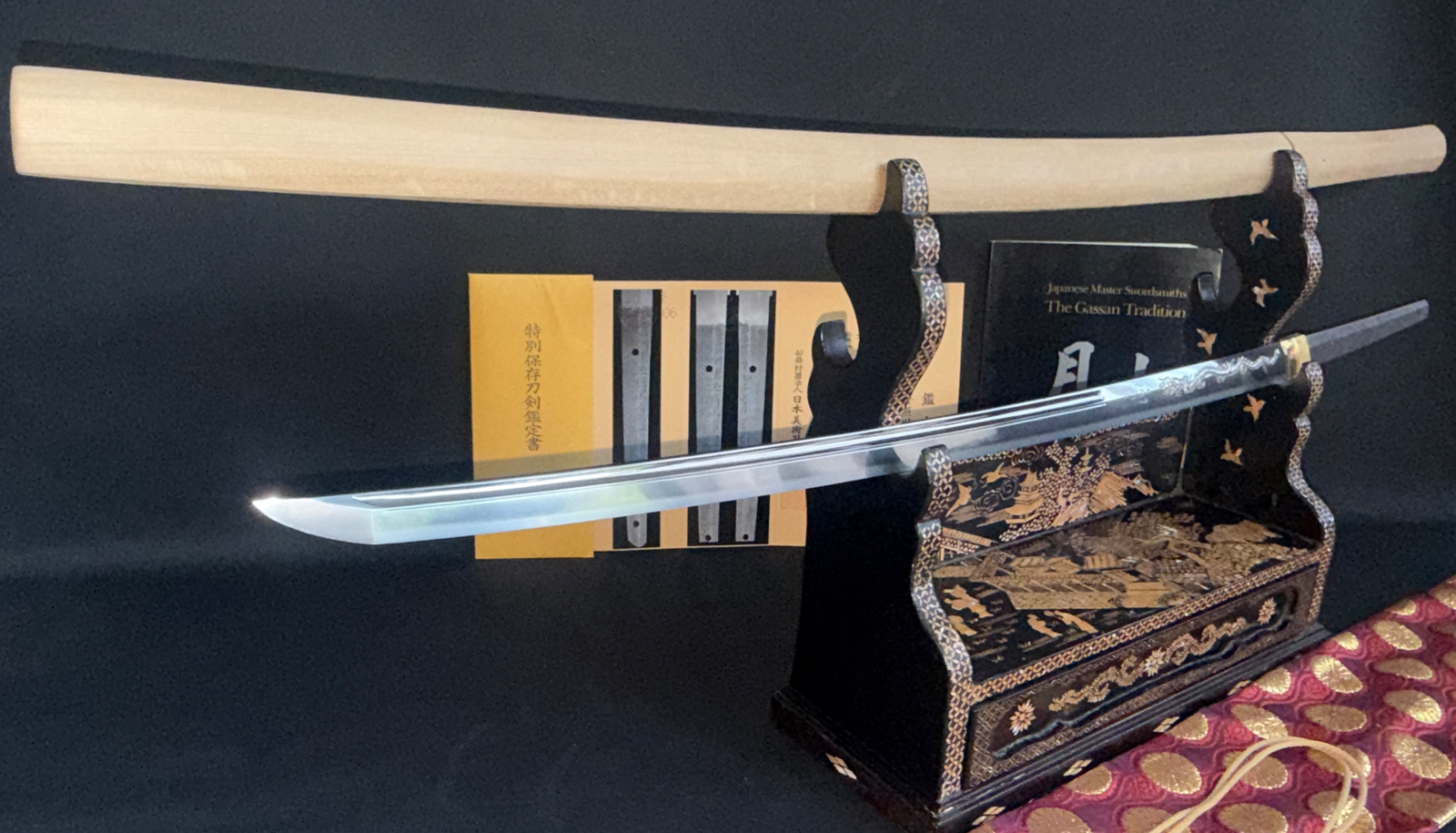 Japanese Masterpice Katana by Gassan Sadakazu NBTHK Tokubetsu Hozon on ornate stand with documentation