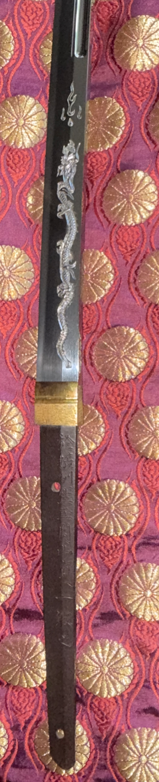 Gassan Sadakazu Japanese Masterpiece Katana blade with silver dragon engraving, gold habaki, and black nakago
