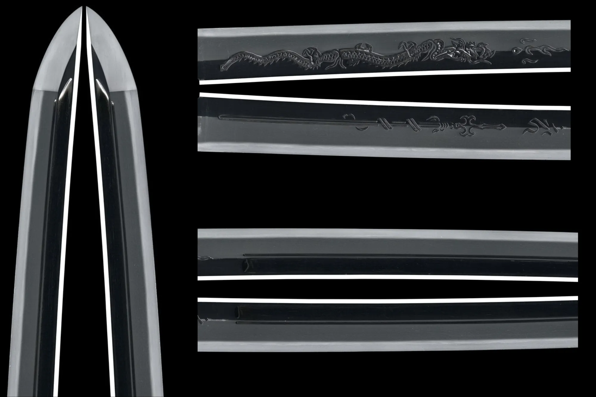 Close-up of a Japanese Masterpiece katana by Gassan Sadakazu, showing blade details and dragon engraving