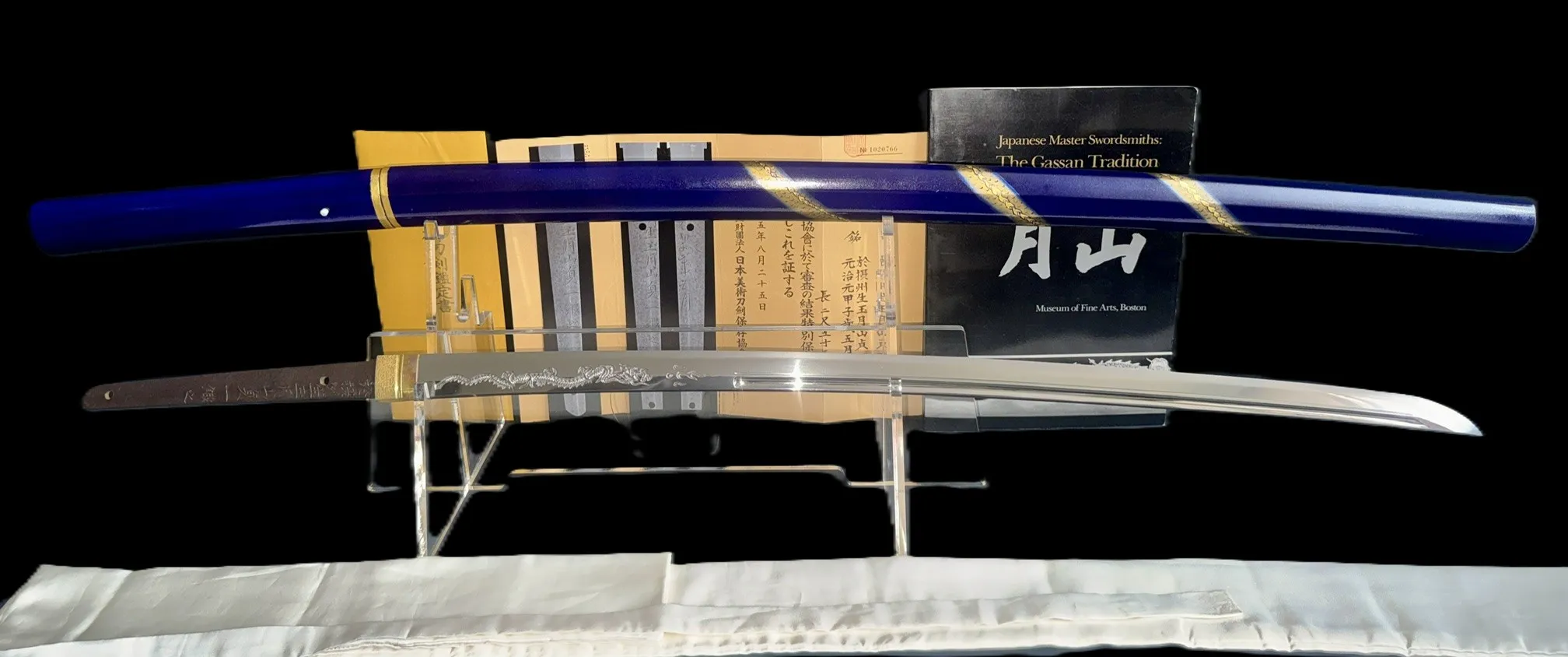 Gassan Sadakazu NBTHK Tokubetsu Hozon katana, blue saya, detailed blade with documents, front view