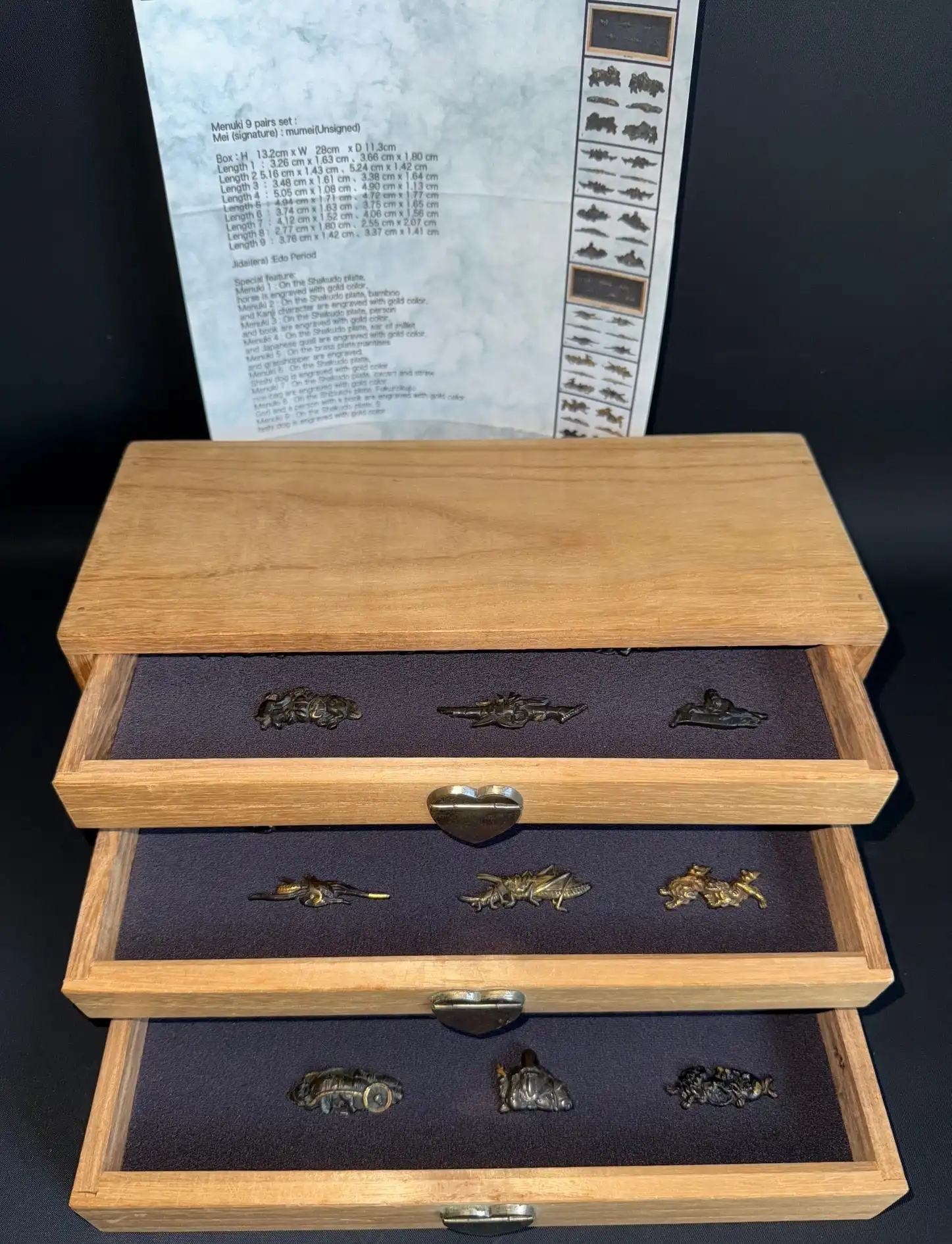 Antique Kyodai Originals Menuki 9 pairs set accessories from Edo period, displayed in kiri box