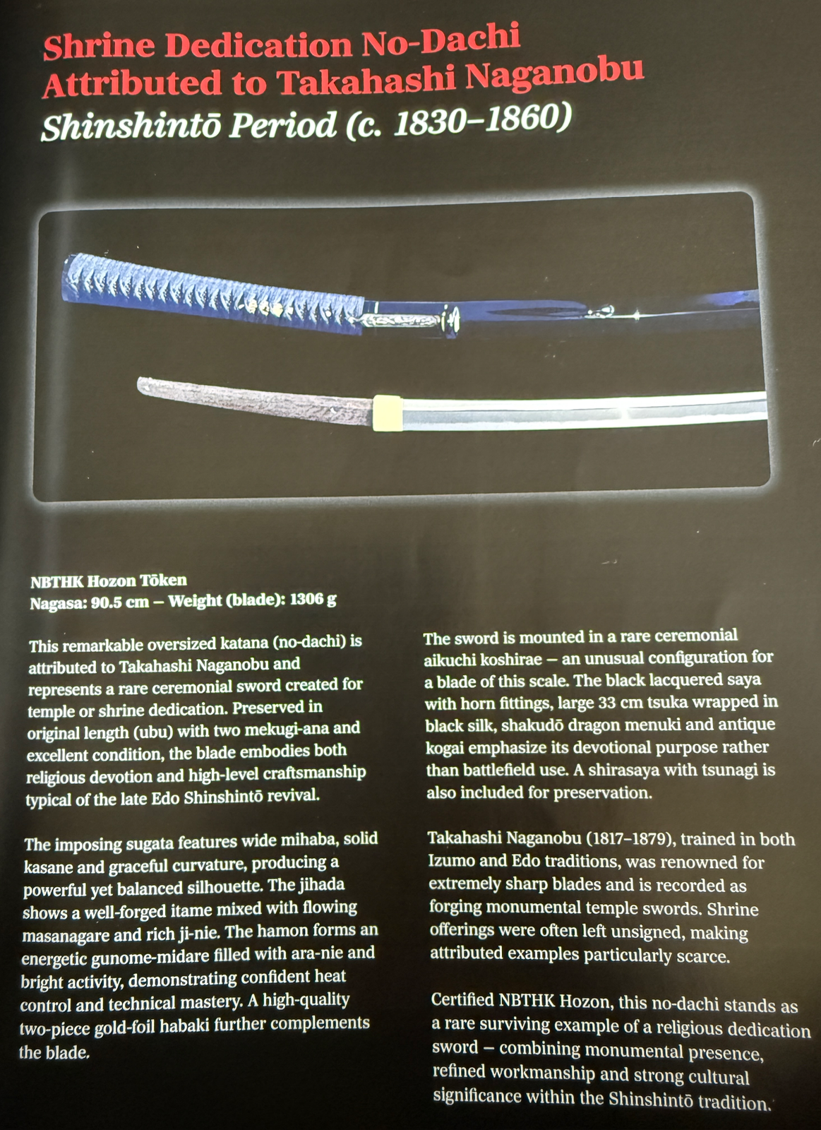 Jinja Hōnō Tachi Naganobu Katana shown with blue ito, saya, and full blade detailed.