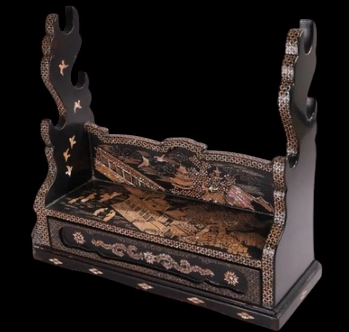 Antique Japanese Three-Sword Katana Kake Meiji Period, black lacquer sword stand with detailed raden inlay, angled view