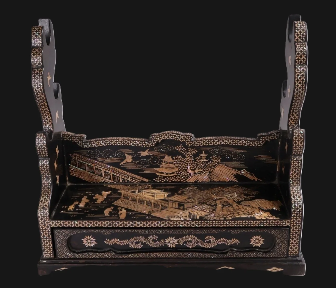 Front view of Antique Japanese Three-Sword Katana Kake Meiji Period, black lacquer with intricate raden landscape inlay.