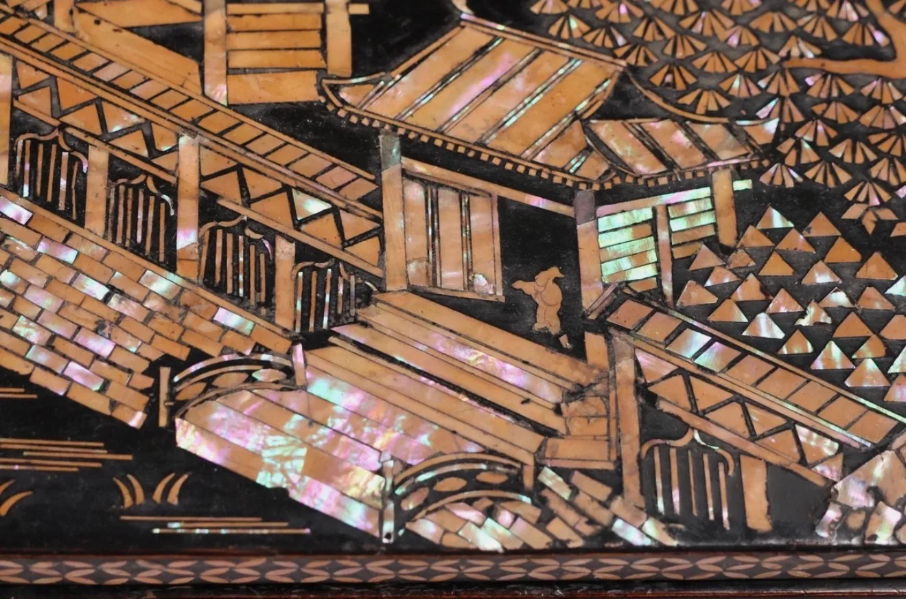 Meiji Period Antique Japanese Katana Kake raden inlay detail showing buildings, a figure, and trees from above