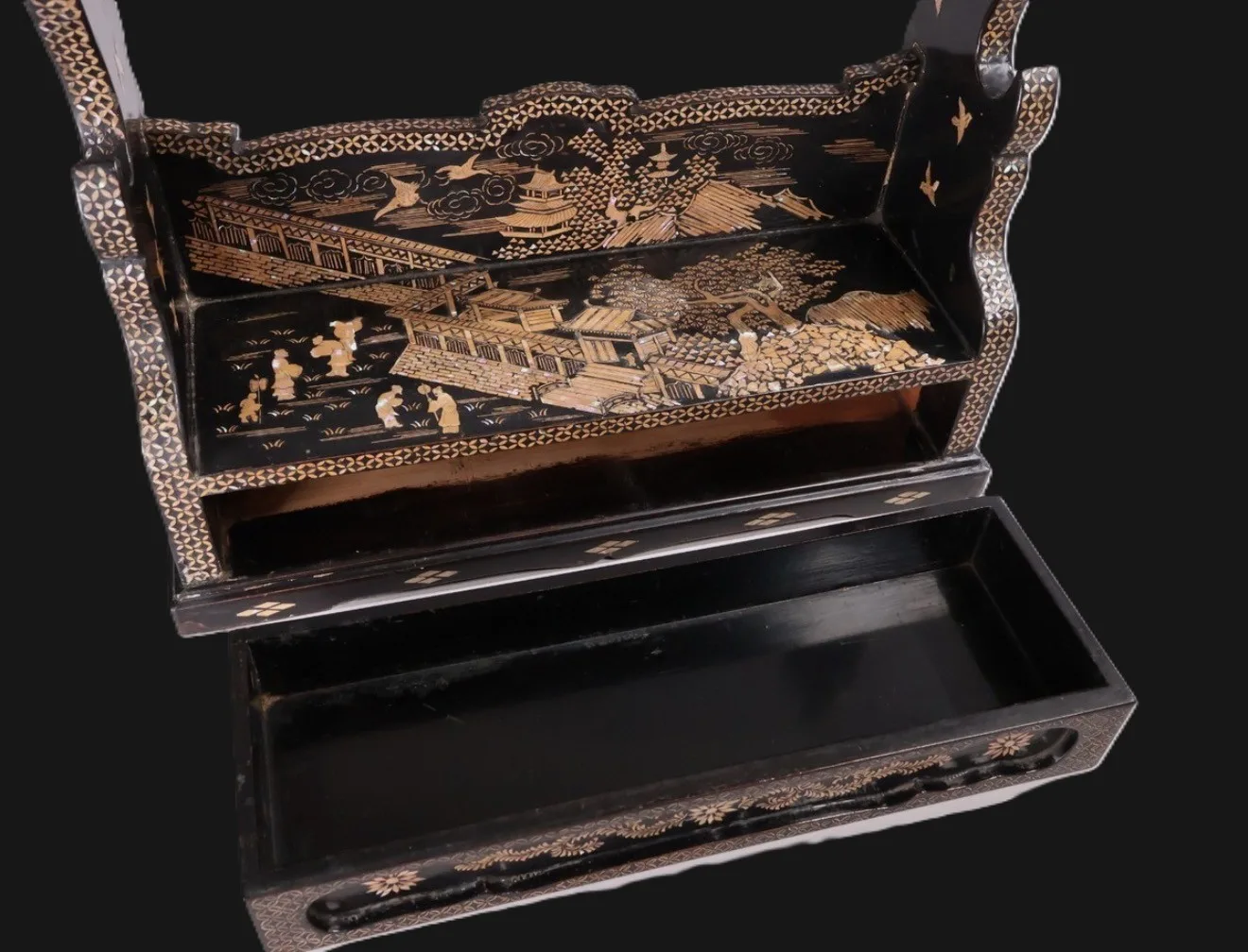 Antique Japanese Three-Sword Katana Kake, top-down view showing raden inlay, Meiji Period katana stand.