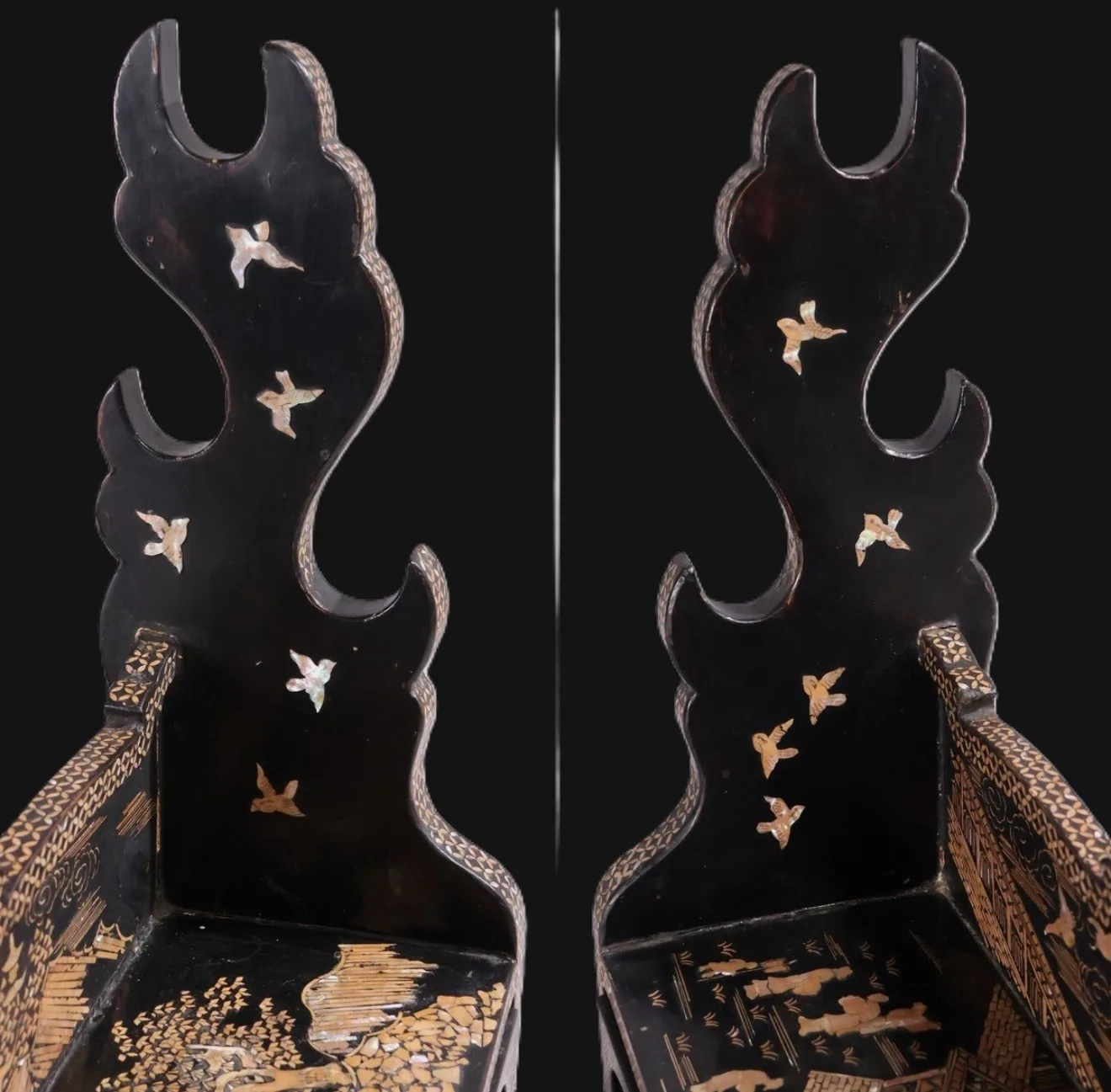 Antique Japanese Three-Sword Katana Kake Meiji, close-up of dark lacquered raden with mother-of-pearl birds