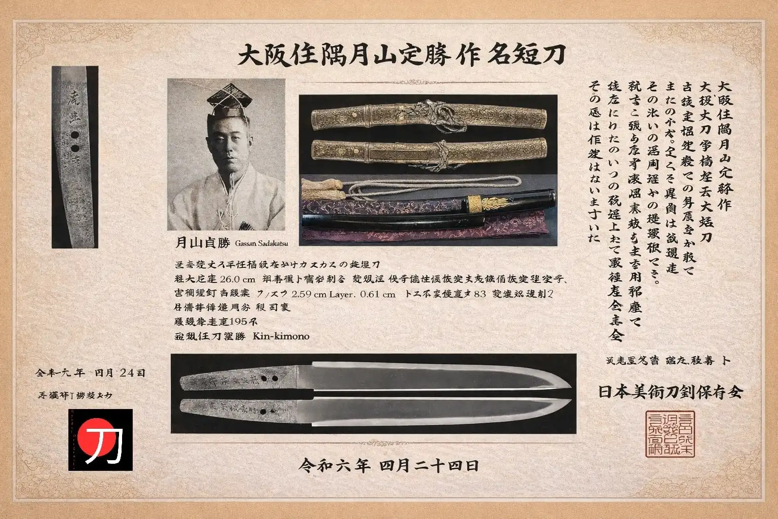 Archival certificate and blade details of a Tanto Gassan Sadakatsu samurai sword, shown with scabbard.