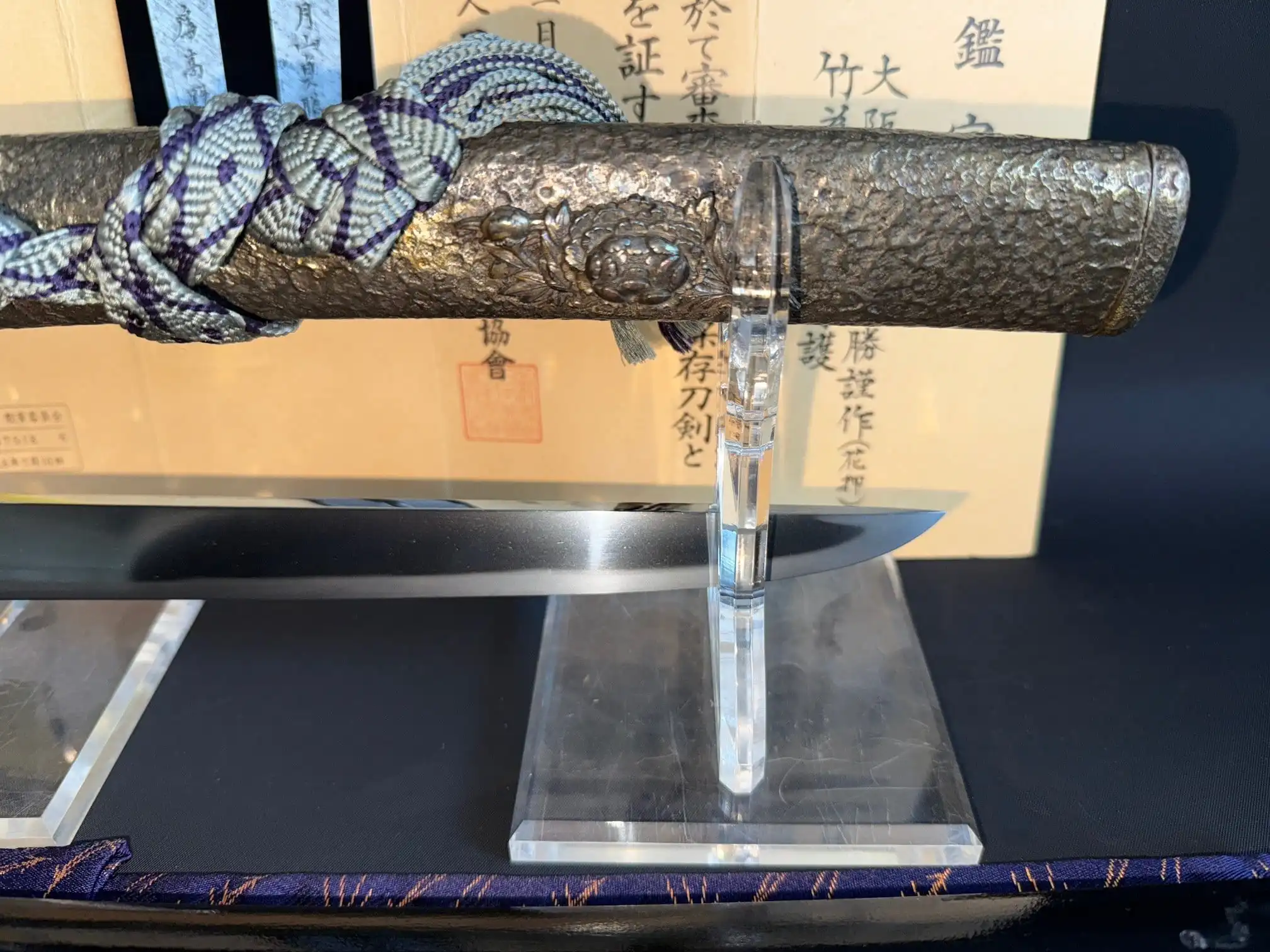 Exquisite Tanto Gassan Sadakatsu samurai sword with dark hammered saya hilt and visible sharp blade