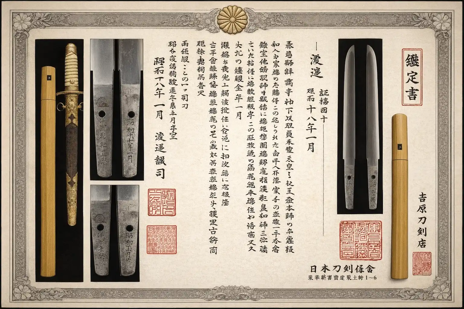 Minatogawa Tanto Masatada, full view of tanto, blade, and koshirae on its original certificate (Showa 17, 1942)