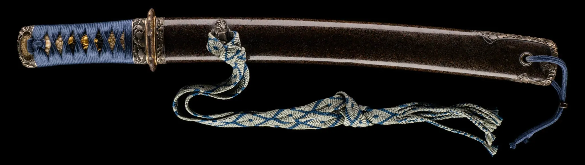 Horizontal view of ornate Tantō Muramasa Demon Steel with blue hilt wrap and decorative sageo cord