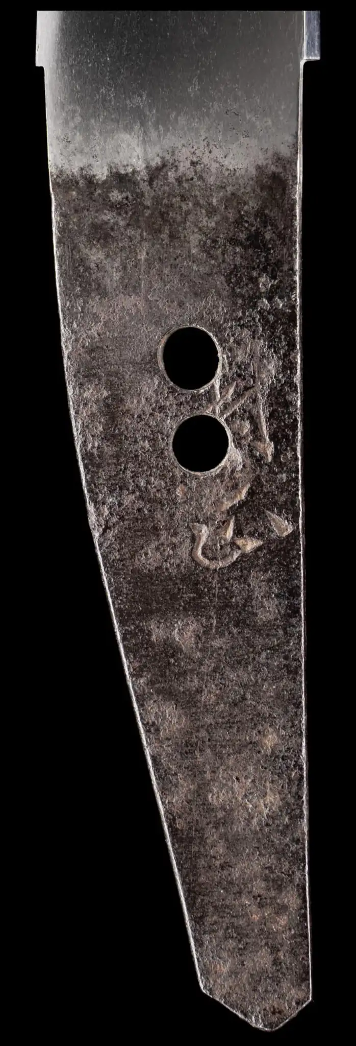 Close up of the tang (nakago) of Tantō Muramasa Demon Steel with visible signature, NBTHK Tokubetsu Hozon tanto