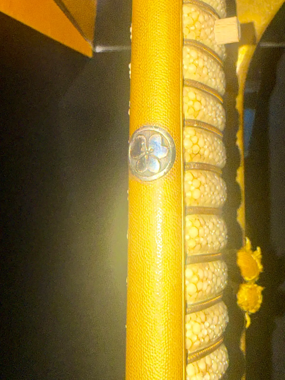 Naruse Family Heirloom Bizen Osafune Tadamitsu Katana handle with naval koshirae and plum blossom menuki detail