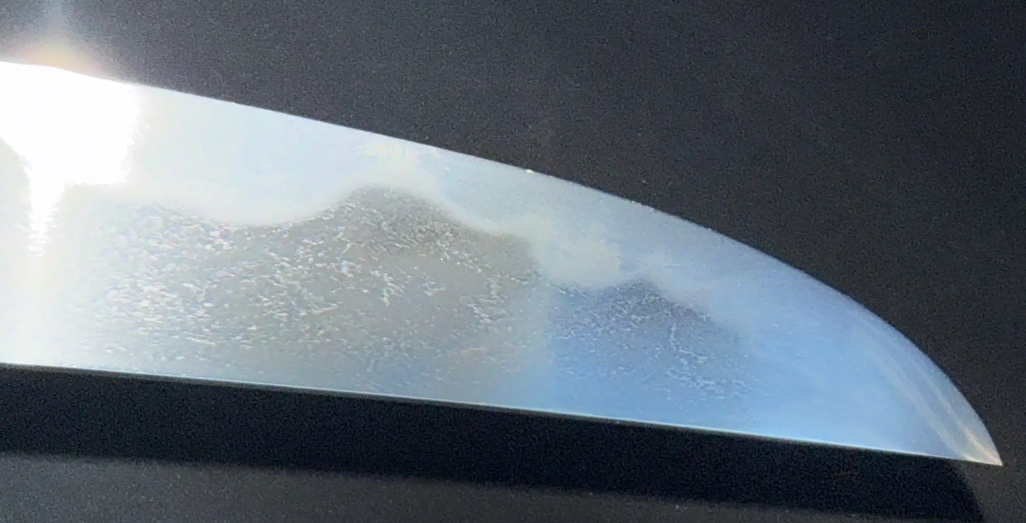 Close-up of Mumei Wakizashi Sengo Muramasa blade showing visible details of the hamon and jitetsu activity