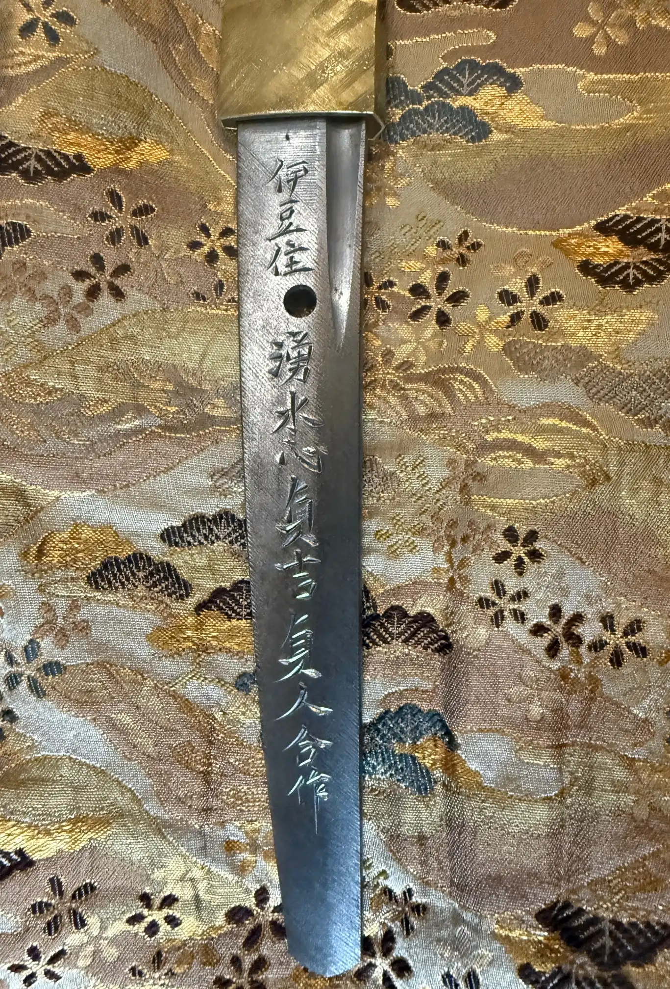 Close-up of the engraved tang (nakago) of a Kyodai Originals Tachi Katana Sadayoshi/Sadahito sword