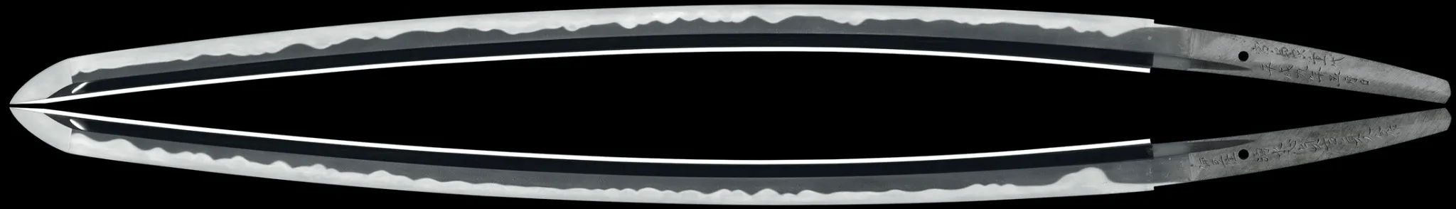 Full view of the Tachi Katana Sadayoshi/Sadahito, showing its hamon and engraved tang (nakago).