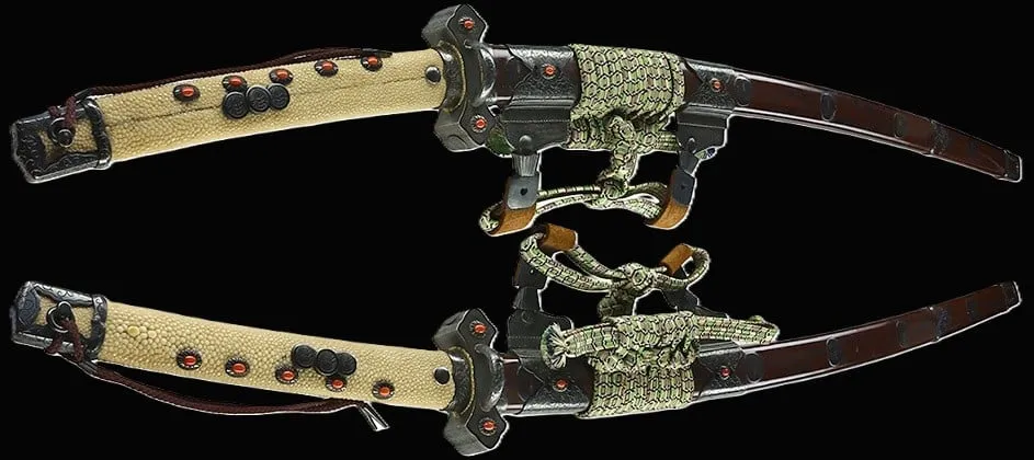 Collaborative Tachi Katana Sadayoshi/Sadahito, two views of sword and scabbard with ornate silk braids