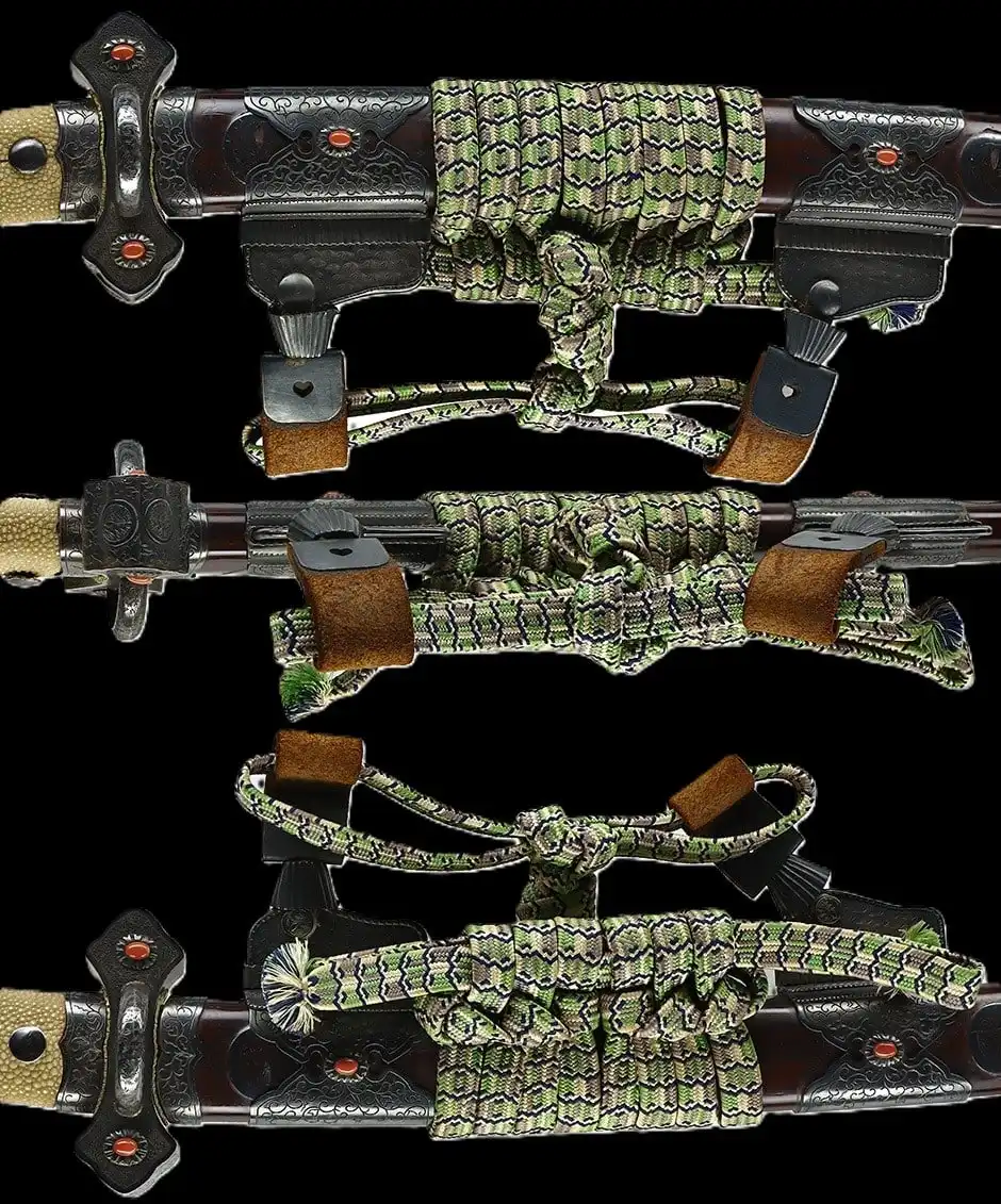 Tachi Katana Sadayoshi/Sadahito, detail of the hilt and patterned green cord on a Japanese samurai sword