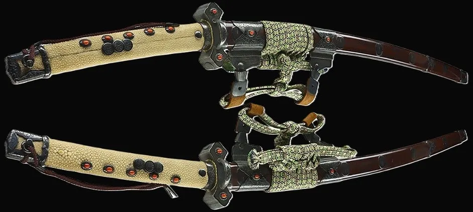Two views of the Tachi Katana Sadayoshi/Sadahito, a collaborative katana sword with its ornate hilt and scabbard