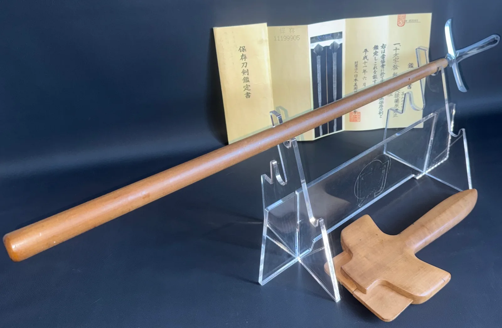 Rare Ichimonji-Yari by Kanemasa (Yari/Naginata) displayed on clear stand, with certificate in background