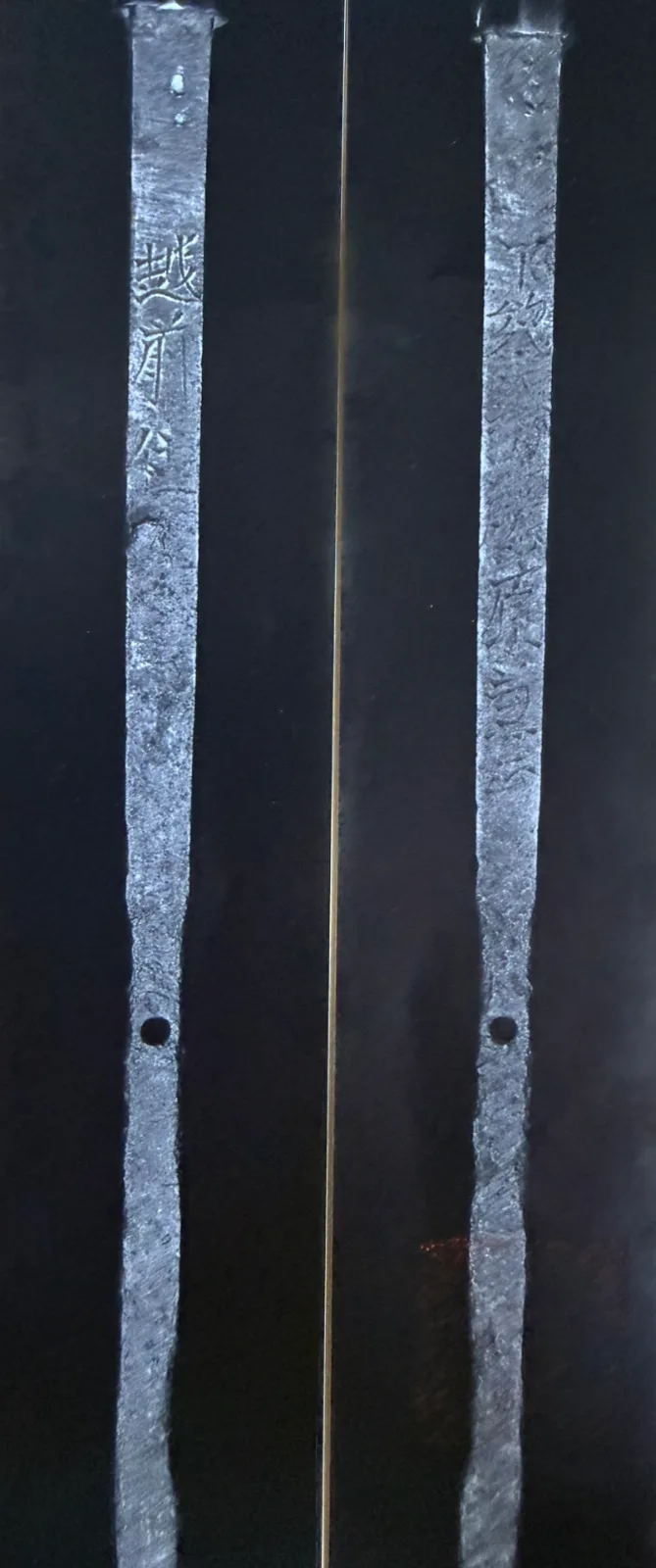 Ichimonji-Yari nakago with mei inscription and mekugi-ana, by Kanemasa. Yari/Naginata.