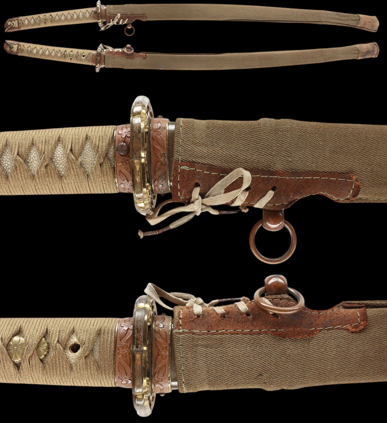 Emura Saku Katana NBTHK Hozon WWII Japanese Army Guntō, full view showing hilt, scabbard, and canvas cover