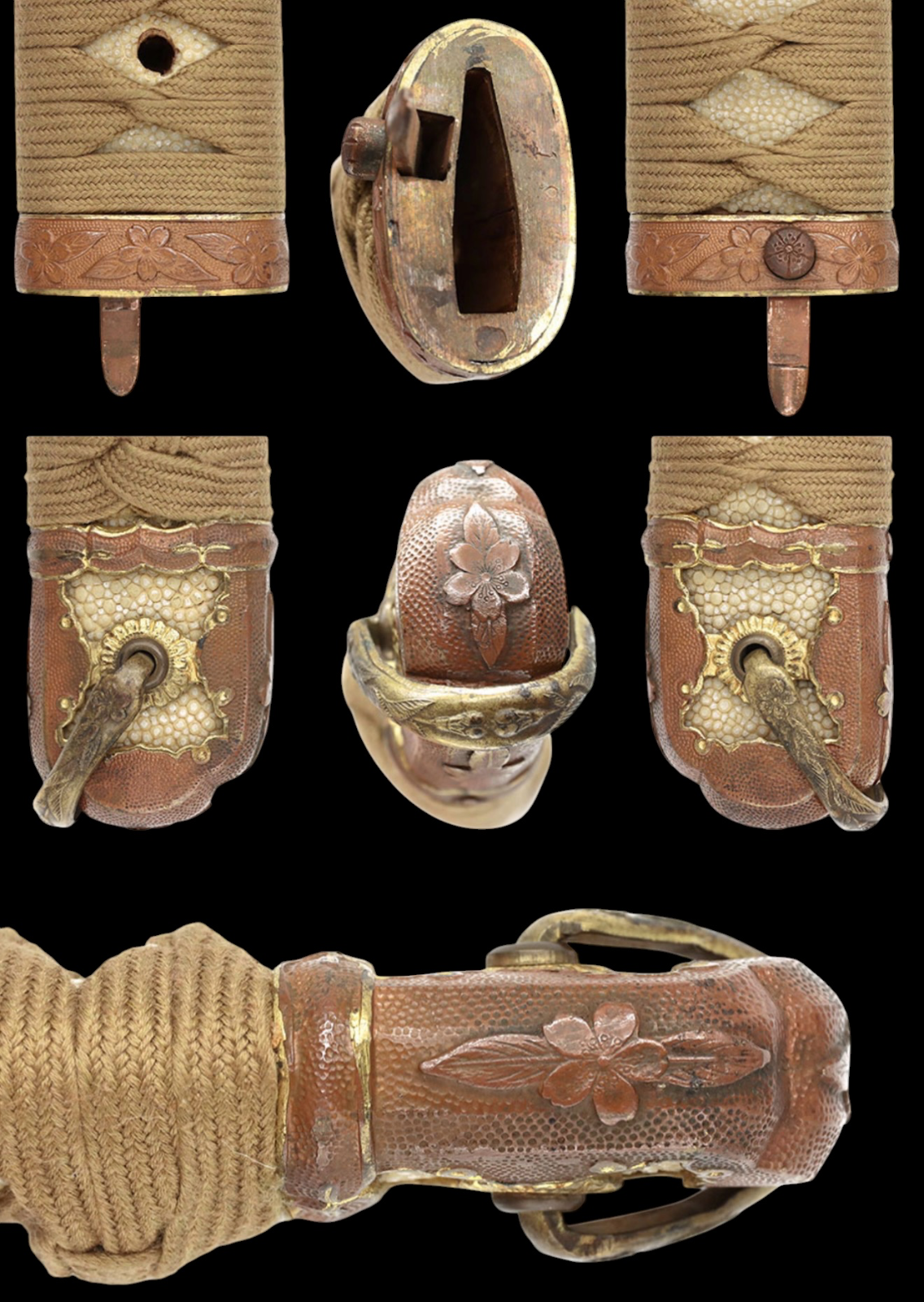 Emura Saku Katana fittings, detailed metalwork with sakura, rayskin, and wrapped handle, close-up view.